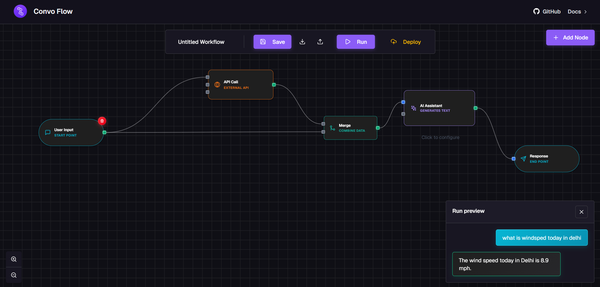 Custom API Node executing in a workflow showing request and response flow